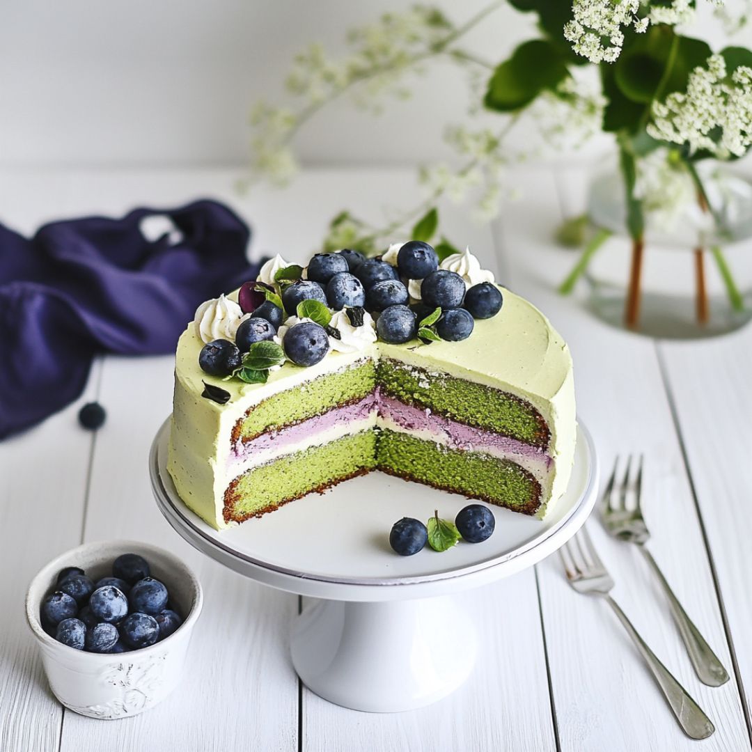 Cake Vegan Thé Matcha et Myrtilles Afbeelding