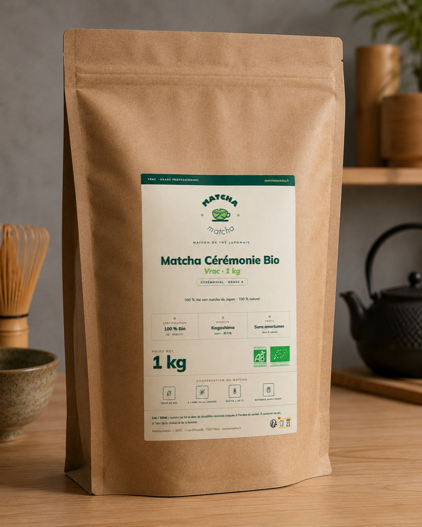 Bulkzak van 1 kg Ceremoniële Matcha Bio uit Japan, van een biologische matcha leverancier voor professionals